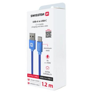 Cable textile, USB-A > USB-C, 1.2m, Swissten, Bleu