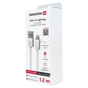 Cable textile, USB-A > Lightning, 1.2m, Swissten, Silver